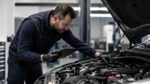 Perito examinando el motor de un vehículo para un informe pericial.