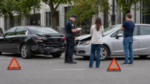 Dos conductores rellenan el parte amistoso tras un accidente de tráfico.