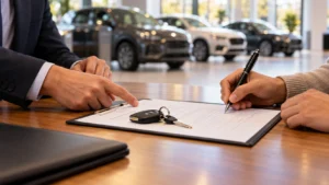 Concesionario y cliente firmando un contrato de gestión de venta junto a las llaves de un coche.