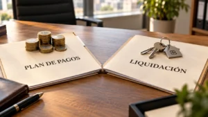 Dos carpetas de documentos que se bifurcan sobre la mesa de un despacho de abogados.