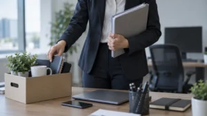 Trabajador recogiendo sus pertenencias de la mesa de la oficina con una carpeta de documentos.