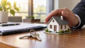 Llaves de una vivienda junto a documentos en un despacho de abogados.