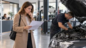 Mecánico revisando un vehículo reparado por decisión de la compradora