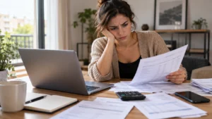 Trabajador revisando nóminas impagadas y movimientos bancarios