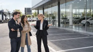 Compradores esperando la entrega de un vehículo en un concesionario